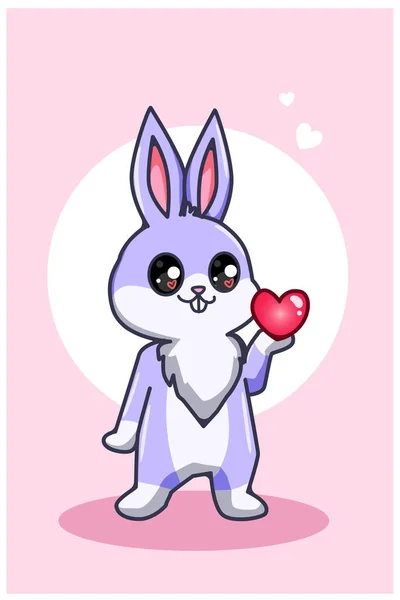 Cute Happy Rabbit Holding Small Heart Valentines Day Cartoon Illustration — Stock Vector