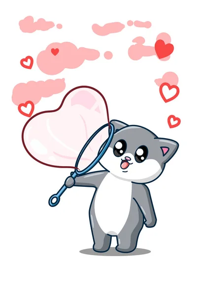 Gato Feliz Soplando Burbujas Amor Ilustración Dibujos Animados — Vector de stock
