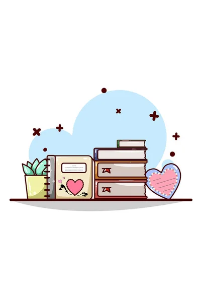Aşk Romanları Günlük Kitapları Sevgililer Günü Tebrik Kartları Karikatür Çizimleri — Stok Vektör