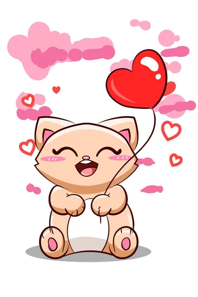 Cute Happy Cat Heart Balloon Cartoon Illustration — Stock Vector