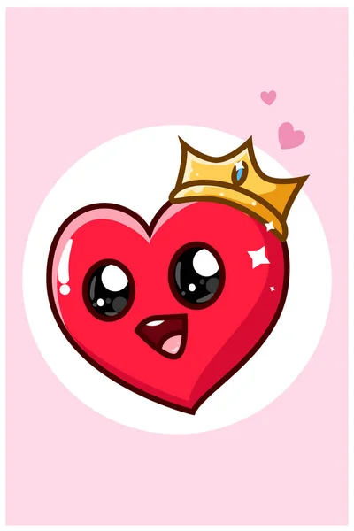 Cute Happy Heart Wearing Crown Cartoon Illustration — Stock Vector