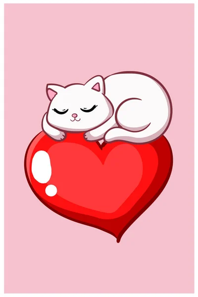 Słodki Kot Sen Wielkim Sercu Ilustracji Kreskówki — Wektor stockowy