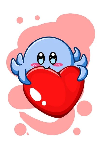 Lindo Pulpo Azul Con Ilustración Dibujos Animados Gran Corazón — Vector de stock