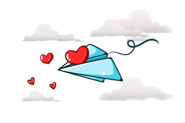 Papier Vliegtuig Met Liefde Cartoon Illustratie — Stockvector