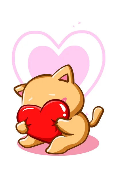 Een Schattige Verlegen Kat Knuffelen Een Kussen Hart Cartoon Illustratie — Stockvector