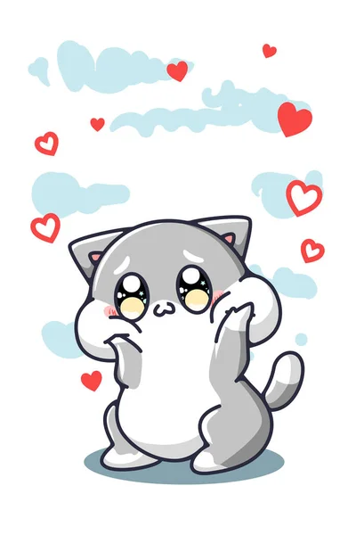 一只可爱快乐的猫 有心形卡通画 — 图库矢量图片
