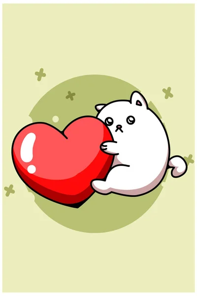 Lindo Gato Abrazando Una Ilustración Dibujos Animados Gran Corazón — Vector de stock