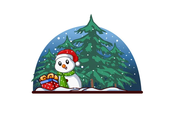 Little Snowman One Christmas Gift Forest Night — Stock Vector