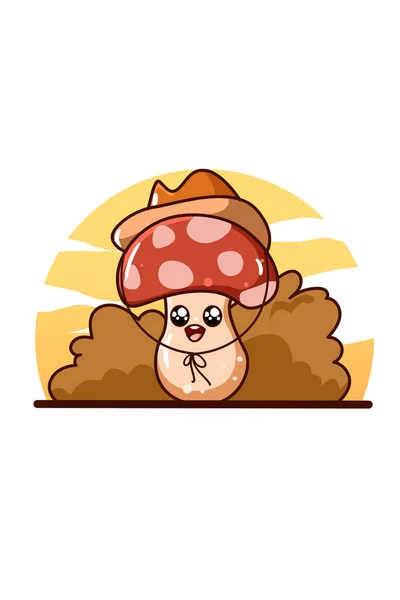 Cute Mushroom Cowboy Hat Cartoon Illustration — Stock Vector