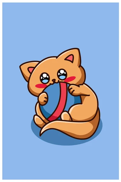 一只可爱而害羞的猫 身上有球 动物的卡通画 — 图库矢量图片