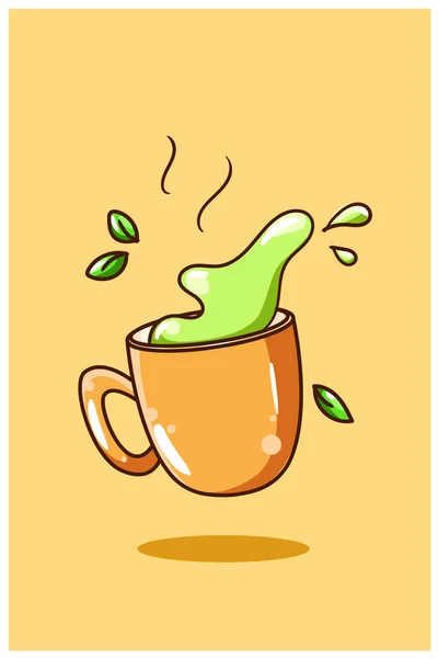Süßer Grüner Tee Cartoon Illustration — Stockvektor