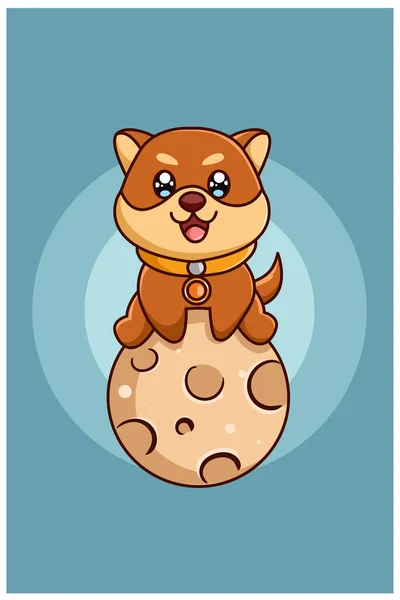 Cão Bonito Feliz Lua Animal Desenho Animado Ilustração — Vetor de Stock
