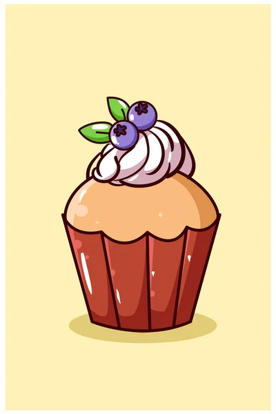 ブルーベリーの漫画のイラストと甘いカップケーキ — ストックベクタ