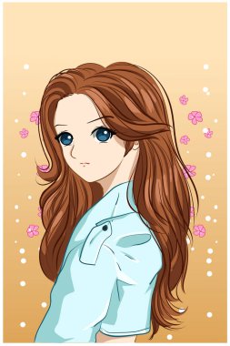 Güzel ve güzel kız kahverengi uzun saç çizgi filmi çizimi