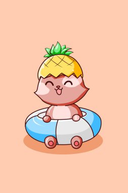 Yaz tatili çizgi filminde ananas şapkalı mutlu kedi.