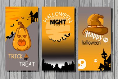 Balkabağı ve şapkayla el çizilmiş Cadılar Bayramı tebrik kartı koleksiyonu