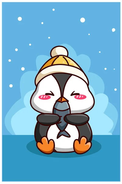 かわいいと幸せなペンギンで魚の漫画のイラスト — ストックベクタ