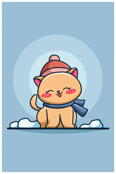 Roztomilý Šťastný Zimní Kočka Kreslené Ilustrace — Stockový vektor