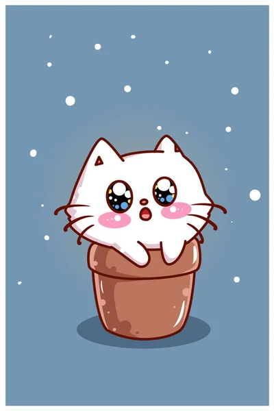 ポット漫画のイラストでかわいいと幸せな猫 — ストックベクタ
