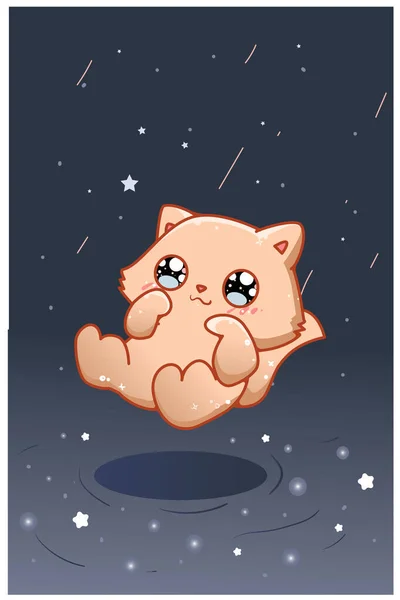 Cute Happy Cat Night Sky Cartoon Illustration — Stock Vector