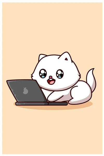 Roztomilá Šťastná Malá Kočka Notebookem Kreslené Ilustrace — Stockový vektor