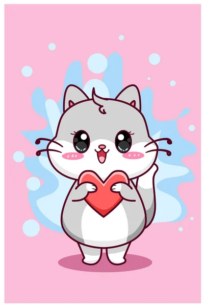 Schattig Gelukkig Kat Met Liefde Cartoon Illustratie — Stockvector