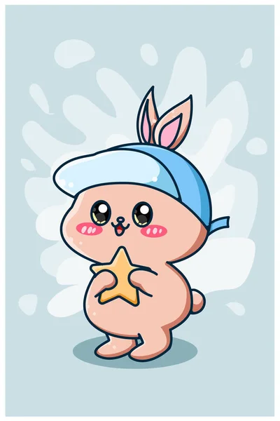 星の漫画のイラストで帽子をかぶってかわいいと幸せなウサギ — ストックベクタ