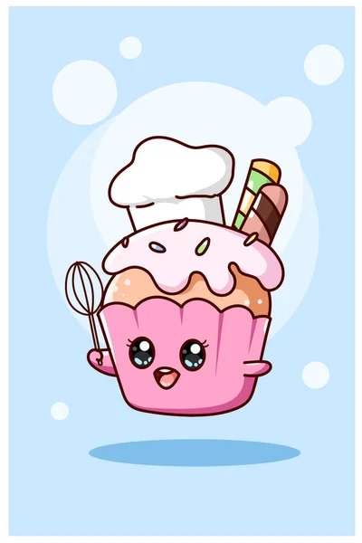 Niedlich Und Süß Cupcake Als Koch Cartoon Illustration — Stockvektor