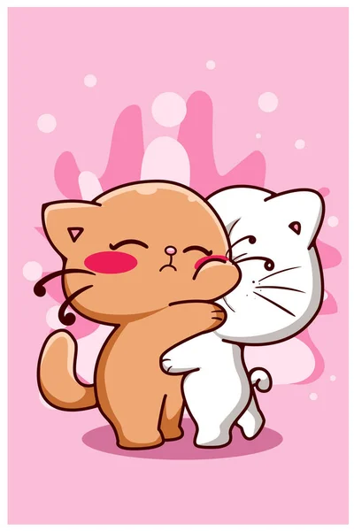 Schattig Paar Kat Knuffel Samen Cartoon Illustratie — Stockvector