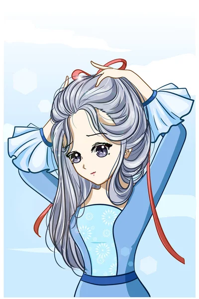 Mooie Prinses Zilveren Haar Met Blauwe Jurk Cartoon Illustratie — Stockvector