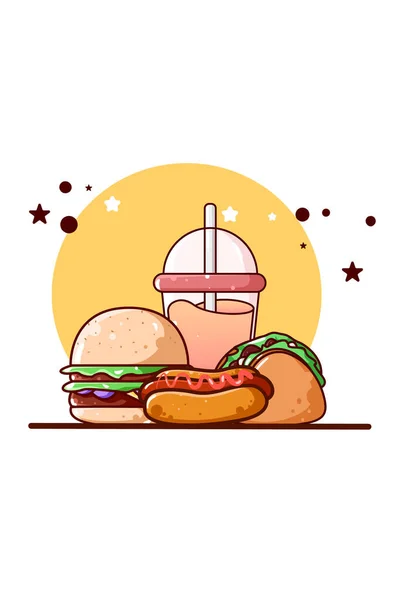 Słodki Burger Hot Dog Taco Ikona Soku Ilustracja Kreskówki — Wektor stockowy