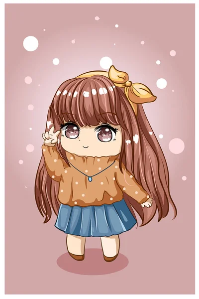 Cute Dan Indah Gadis Kecil Rambut Coklat Panjang Kartun Ilustrasi - Stok Vektor
