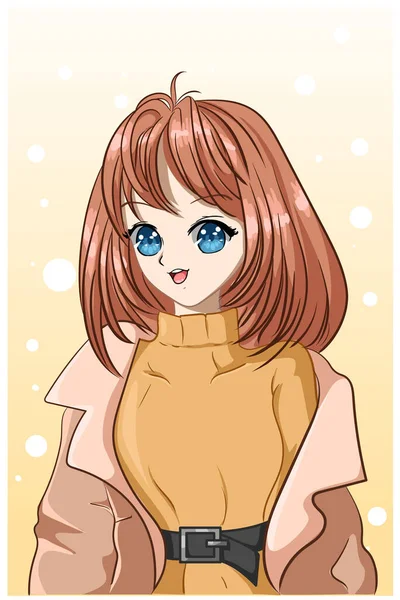 Piękna Dziewczyna Krótkie Włosy Noszące Zimowe Ubrania Kreskówki Ilustracja — Wektor stockowy