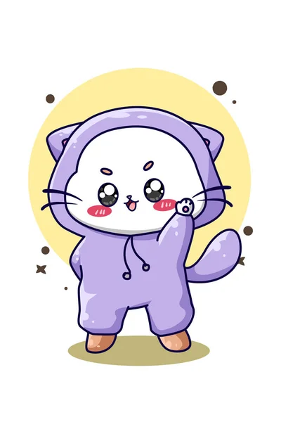 Cute Happy Cat Purple Shirt Cartoon Illustration — Stock Vector