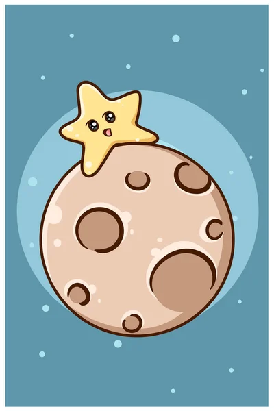 Χαριτωμένο Και Αστείο Μικρό Αστέρι Στο Φεγγάρι Ζώων Εικονογράφηση Κινουμένων — Διανυσματικό Αρχείο