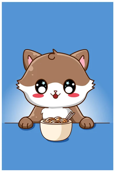 Cute Happy Cat Eating Noodle Cartoon Illustration — Stock Vector