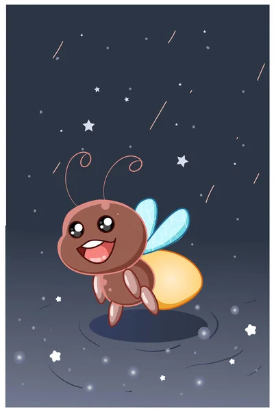 Cute Happy Firefly Night Sky Cartoon Illustration — Stock Vector