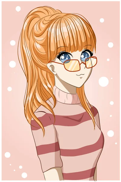 Beautiful Cool Girl Orange Hair Glasses Cartoon Illustration — Stock Vector