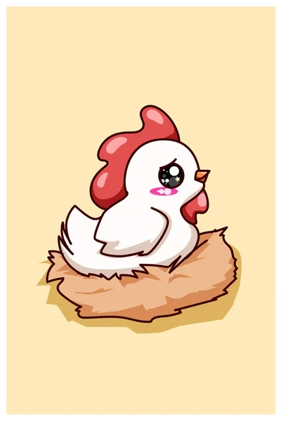 Niedliche Und Glückliche Weiße Henne Cartoon Illustration — Stockvektor