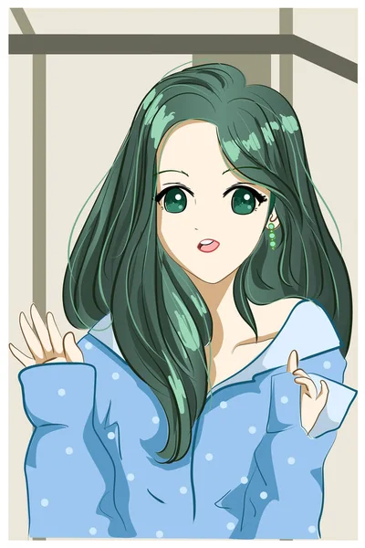 美丽可爱的绿色长发女卡通画 — 图库矢量图片
