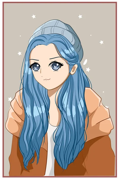 Мила Красива Дівчина Довге Блакитне Волосся Зимовій Мультиплікаційній Ілюстрації — стоковий вектор