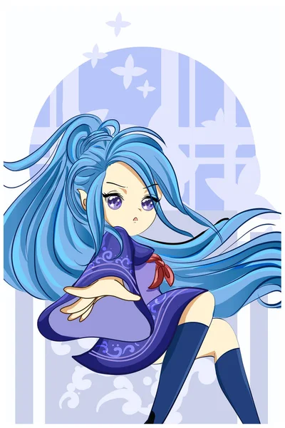 Симпатичная Красивая Девушка Голубые Длинные Волосы Рисунок Персонажа Мультфильма — стоковый вектор