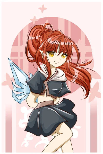 かわいいと美しい女の子の赤い長い髪で剣漫画のキャラクターデザインイラスト — ストックベクタ