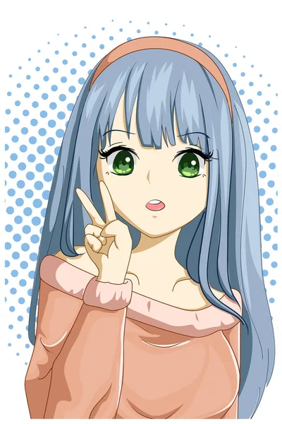 Linda Hermosa Chica Pelo Largo Azul Diseño Personaje Dibujo Animado — Vector de stock