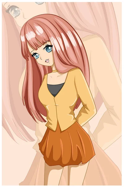 幸せ美しくかわいい女の子ピンクの長い髪のデザインキャラクター漫画のイラスト — ストックベクタ