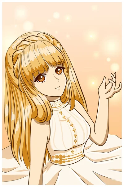 美しく幸せな王女長い黄色の髪のデザインキャラクター漫画のイラスト — ストックベクタ