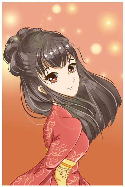 Schattig Mooi Meisje Met Rode Kimono Ontwerp Karakter Cartoon Illustratie — Stockvector