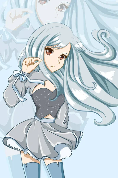 Schöne Mädchen Mit Langen Silbernen Haaren Design Charakter Cartoon Illustration — Stockvektor