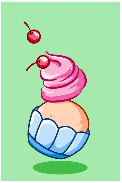 Cupcake Doce Com Creme Rosa Desenho Animado Cereja Ilustração —  Vetores de Stock