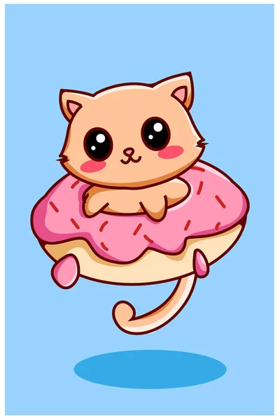 Gatinho Bonito Engraçado Donuts Animal Desenho Animado Ilustração — Vetor de Stock